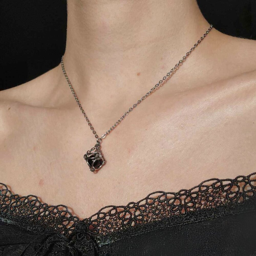 Black and silver goth necklace with a small silver chain - Picture 2 of 12